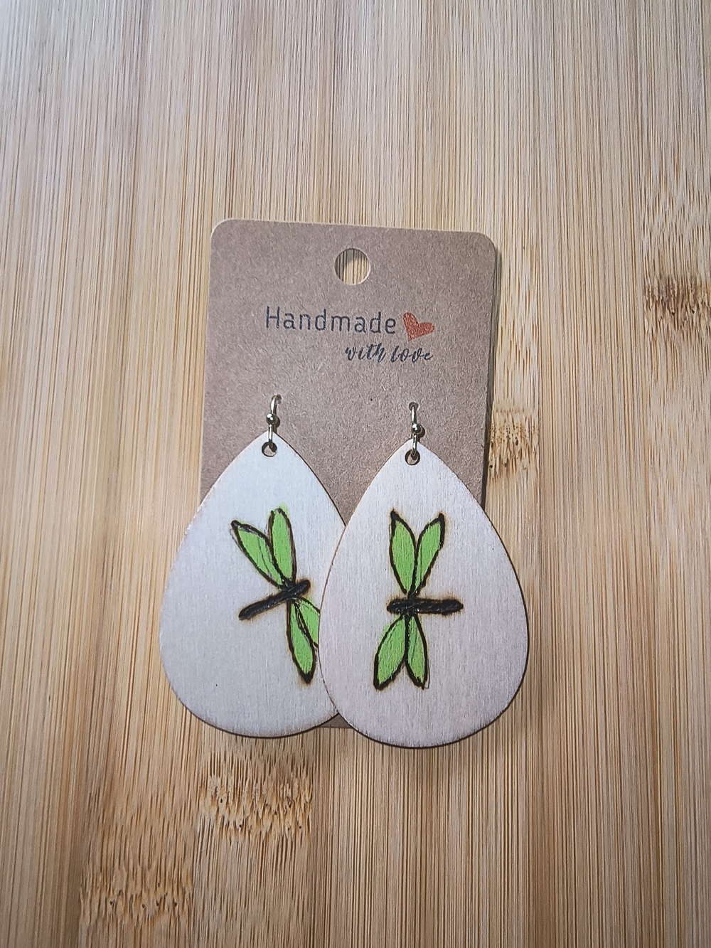 Hand Crafted Natural Wood Teardrop Earrings with Green Dragonfly